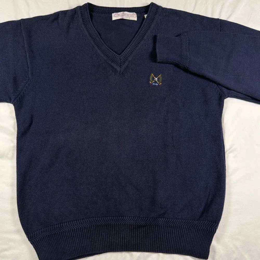 Vintage John Ashford Golf‎ Navy Blue V-Neck Sweater Crest Men's Large Cotton